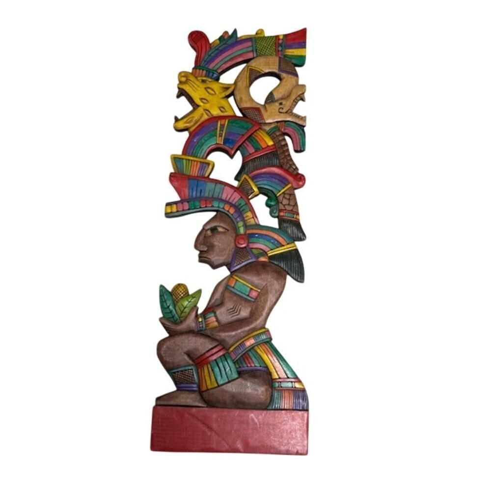 Vintage Mayan Aztec Handcarved Wood Wall Panel Multicolor 24" by 8"